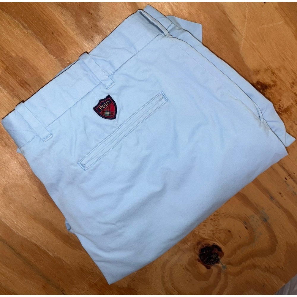 Ralph Lauren Polo Golf Chino Shorts Baby Blue Khaki Crest Logo 38 Twill Stretch